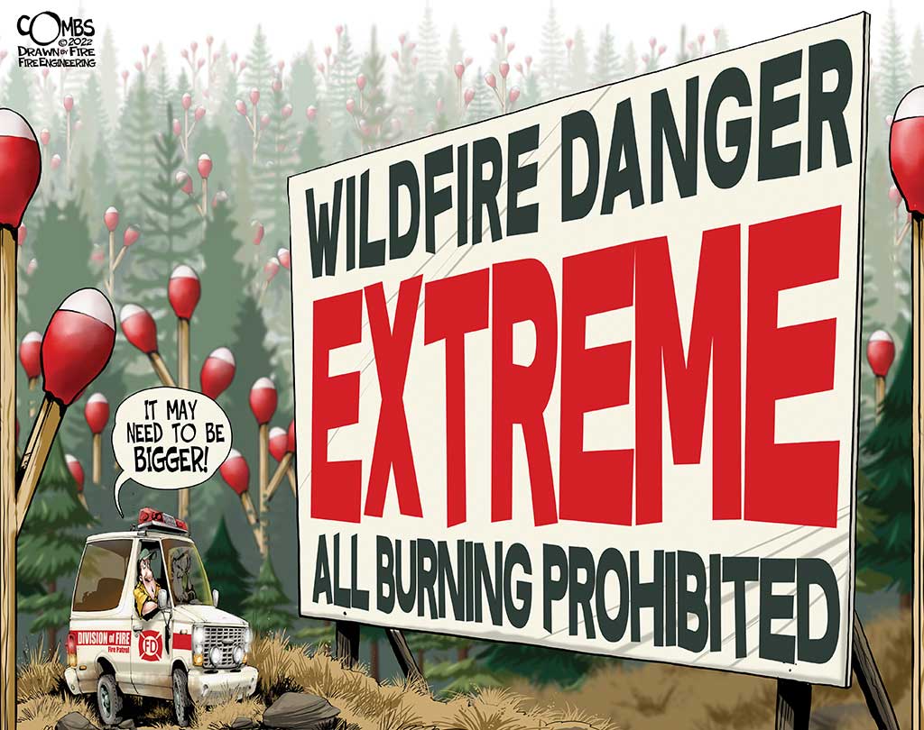 Firefighters with extreme fire danger sign