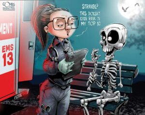 Paramedic with skeleton