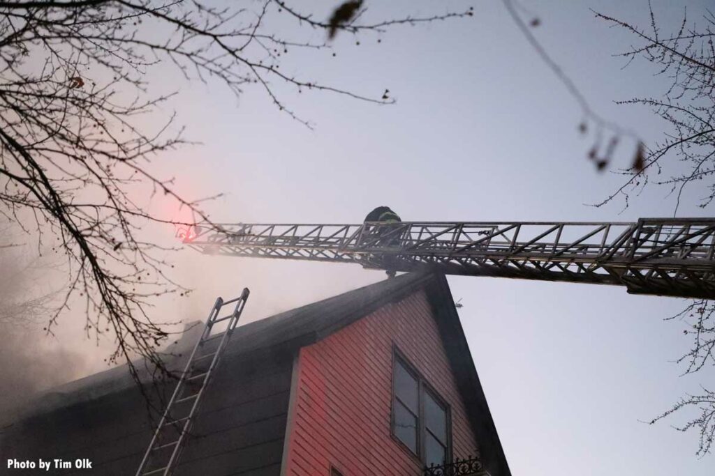 Chicago firefighter on aerial ladder