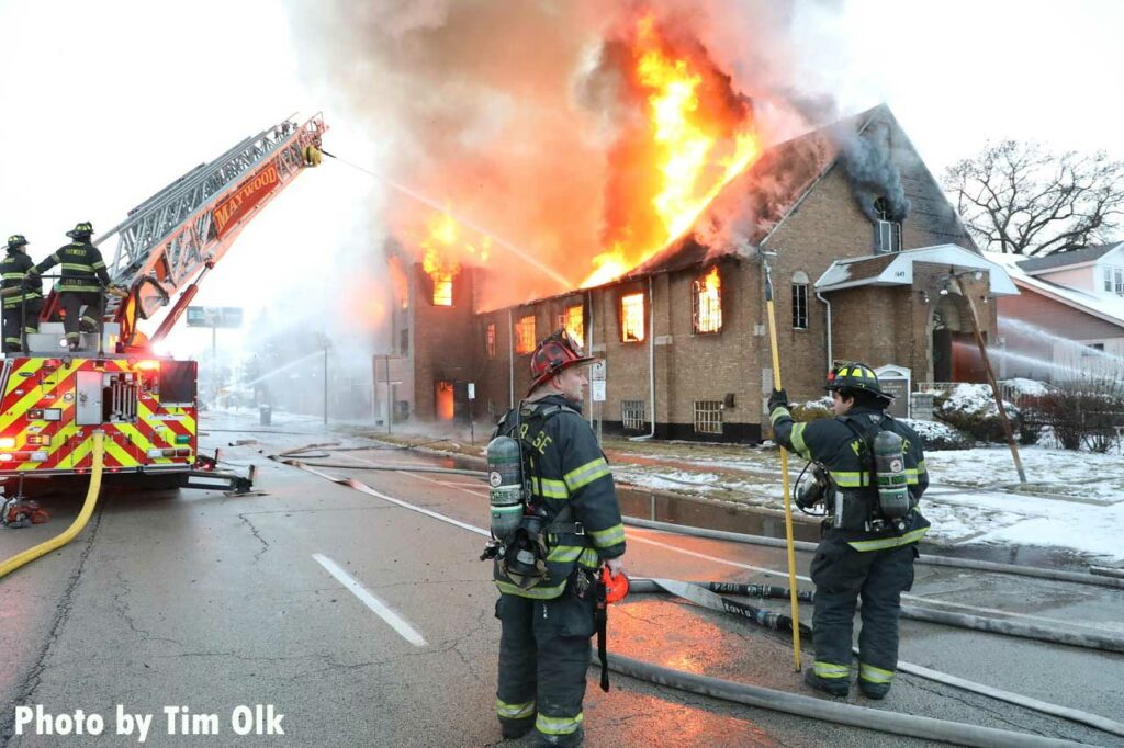 Firefighters put water on Maywood church fire