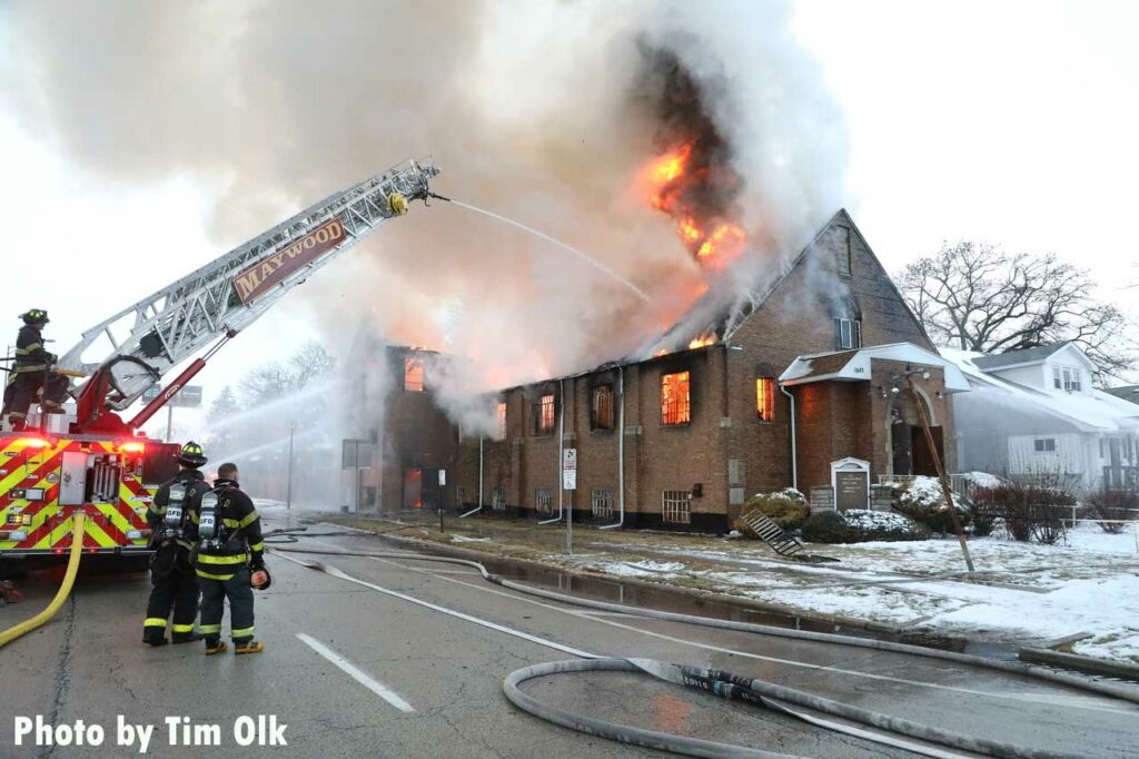 Elevated aerial stream at Maywood church fire