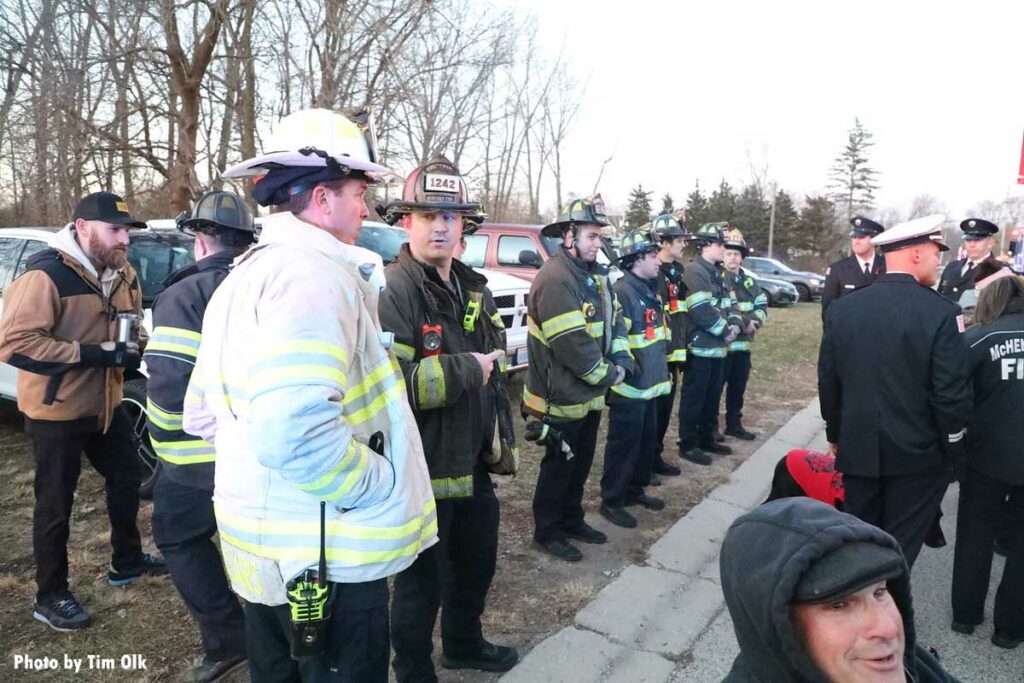 Firefighters assembled for memorial for Lincolnshire Riverwoods Fire Protection District canine