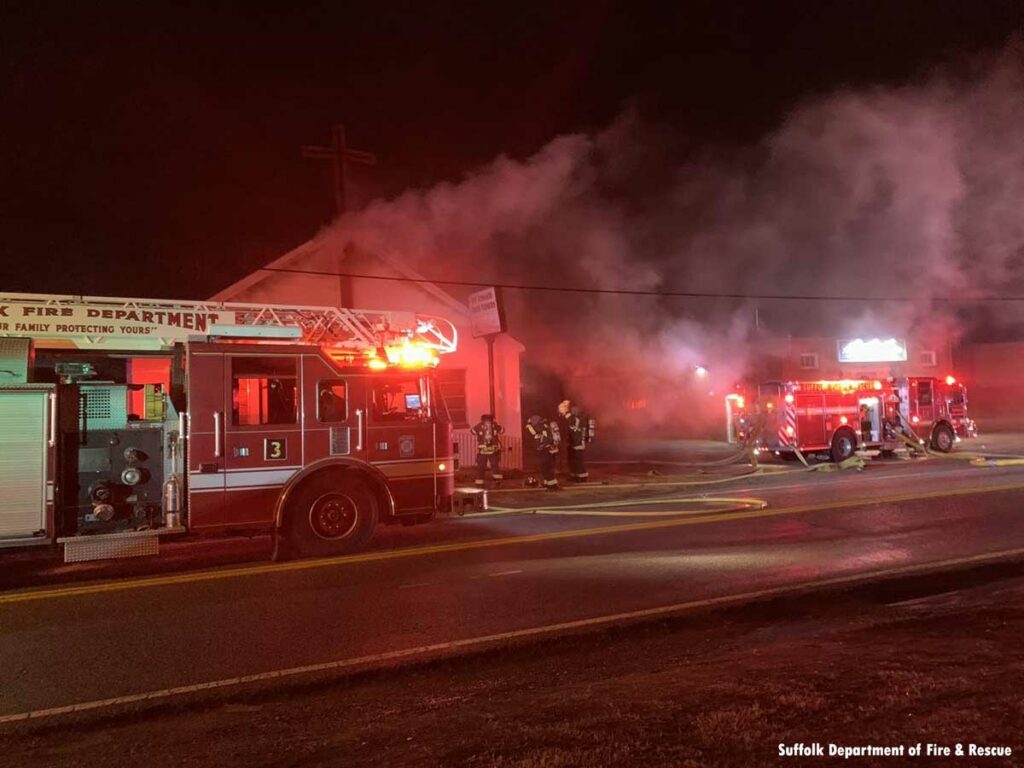 Suffolk fire department fire apparatus at scene of church fire