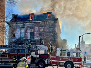 Firefighters respond to a fire at historic Sellers Mansion in Baltimore, Maryland