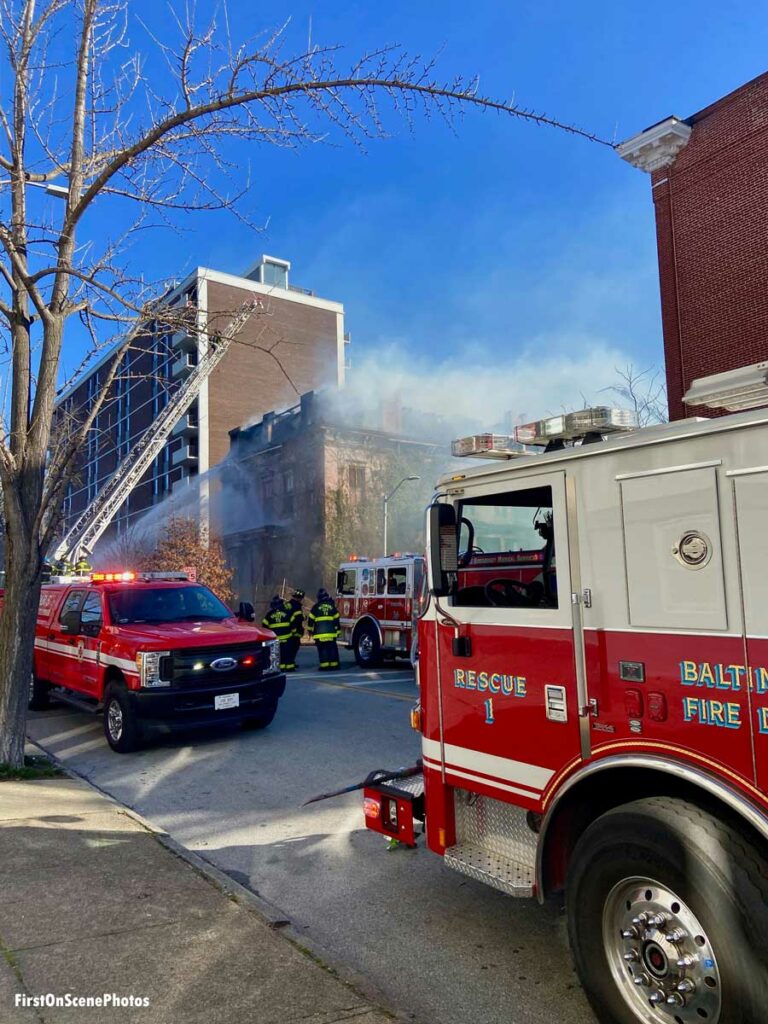 Baltimore fire apparatus repond to historic mansion fire