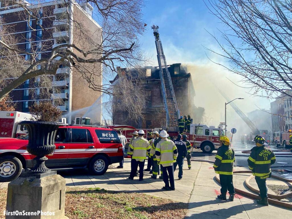 Baltimore firefighters and aerials at mansion fire