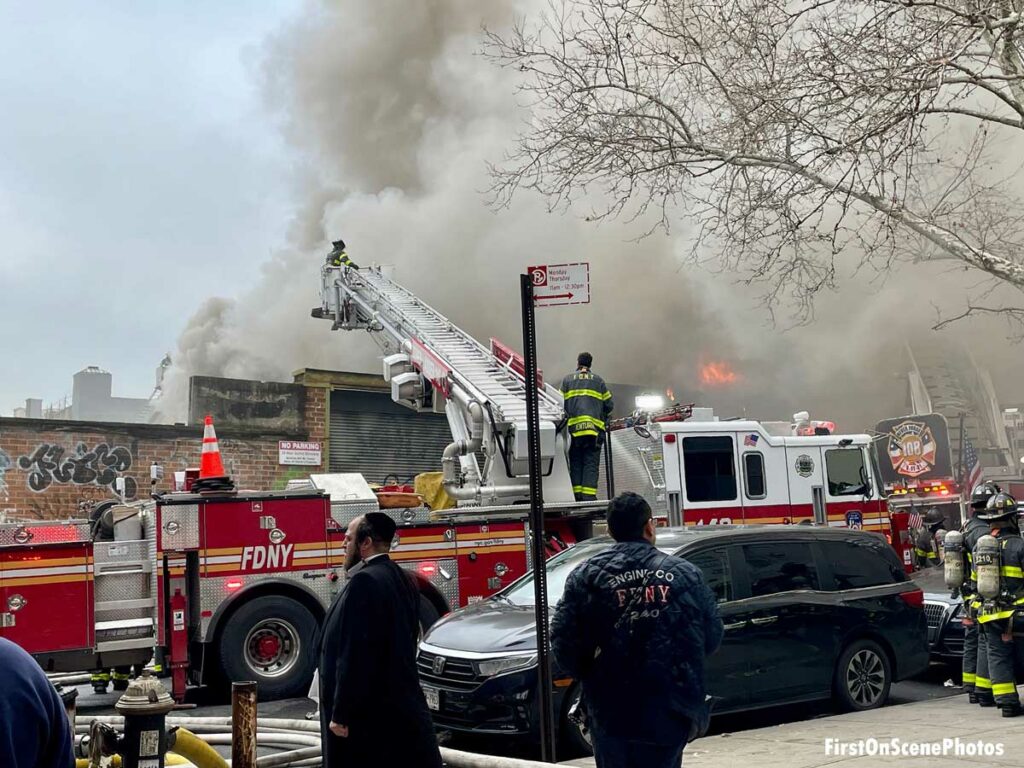 FDNY members responding to four-alarm fire in WIlliamsburg, Brooklyn