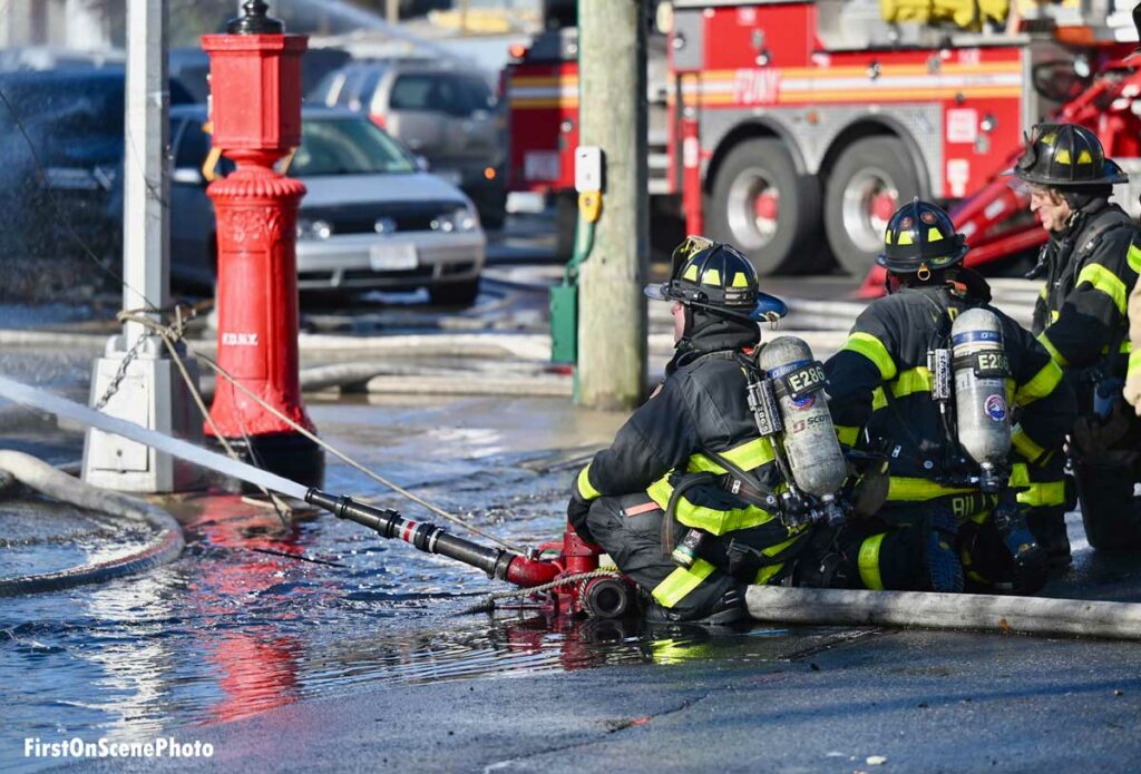 FDNY firefighters use ground master stream at Queens fire