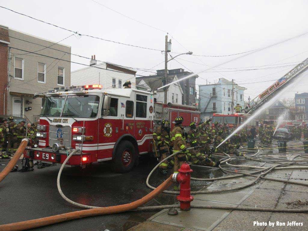 Jersey City fire truck hooked up to hydrant