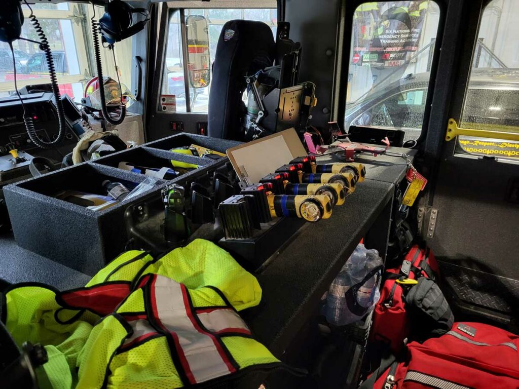 Inside a fire truck cab