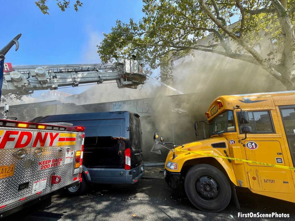 Tower ladder with elevated stream at Brooklyn fire