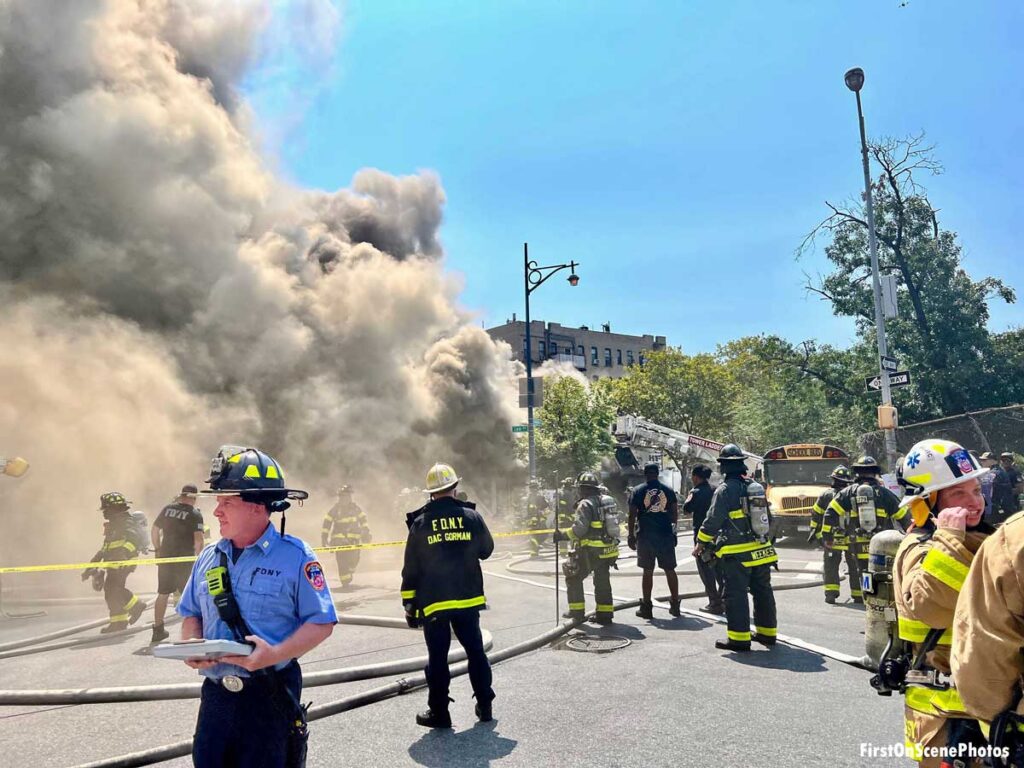 FDNY units and smoke at five-alarm Brooklyn fire