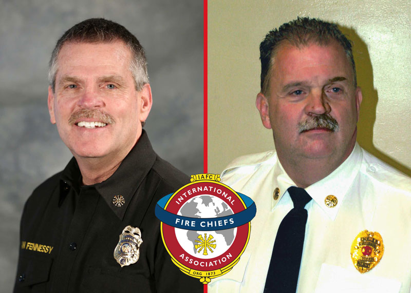 Presented by Pierce Manufacturing and the IAFC, Volunteer Fire Chief Thomas Bell, left, and Career Fire Chief Brian Fennessy are named 2023 IAFC Fire Chief of the Year.