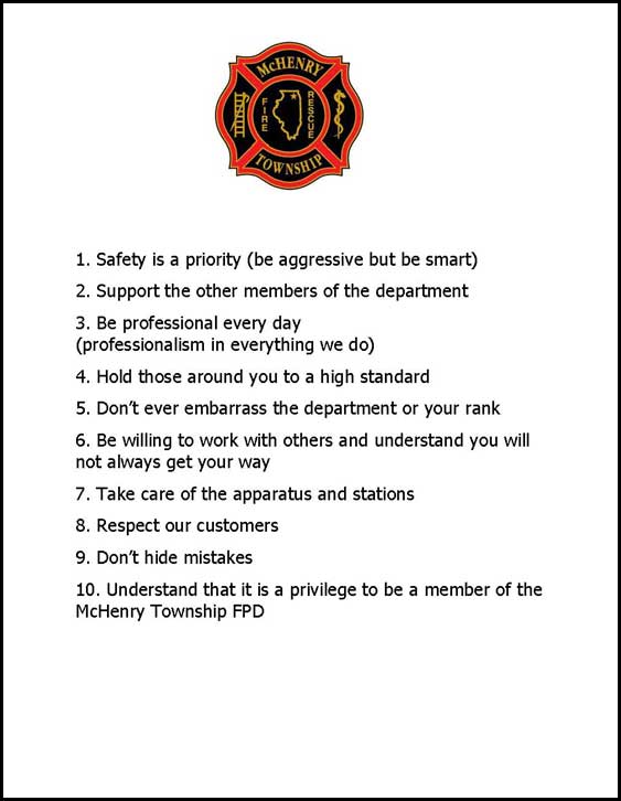 List of expectations given to new fire department members and officers