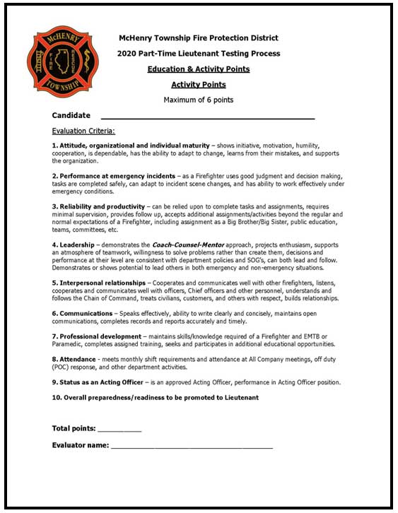 department points scoring form