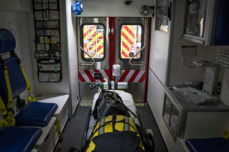 The photo shows the inside of an ambulance.