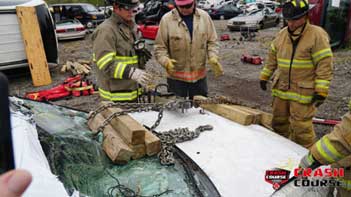 Firefighters with chains and cribbing