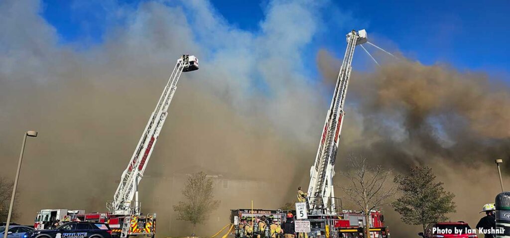 Two tower ladders operating at Southgate Michigan fire