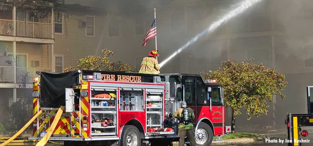 Southgate firefighters with deck gun at fire