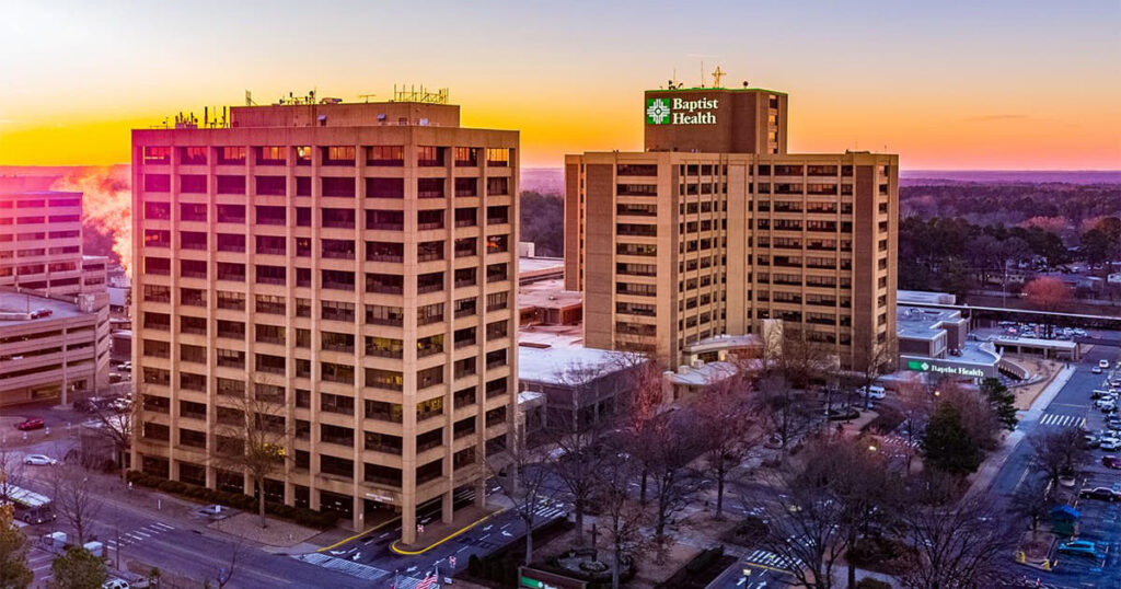 An photo of Baptist Health at sunset.