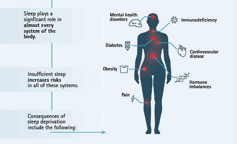 Diagram of the human body with bodily effects of sleep deprivation layed out