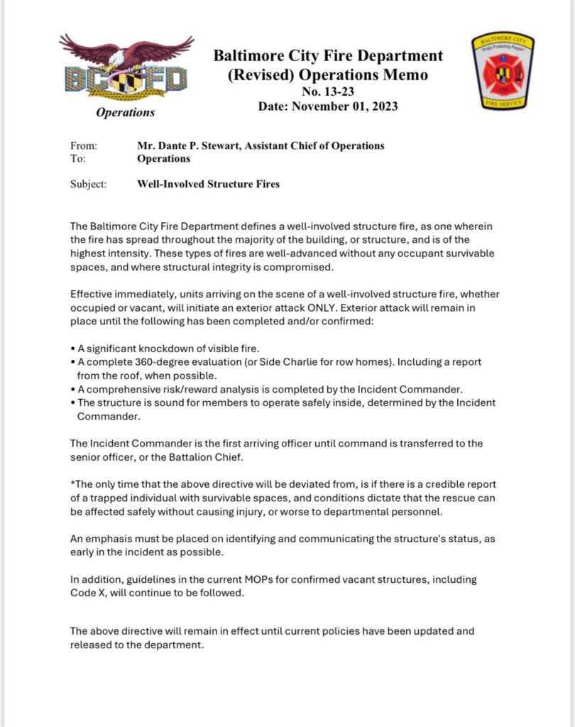 Baltimore City Fire Department Operations Memo