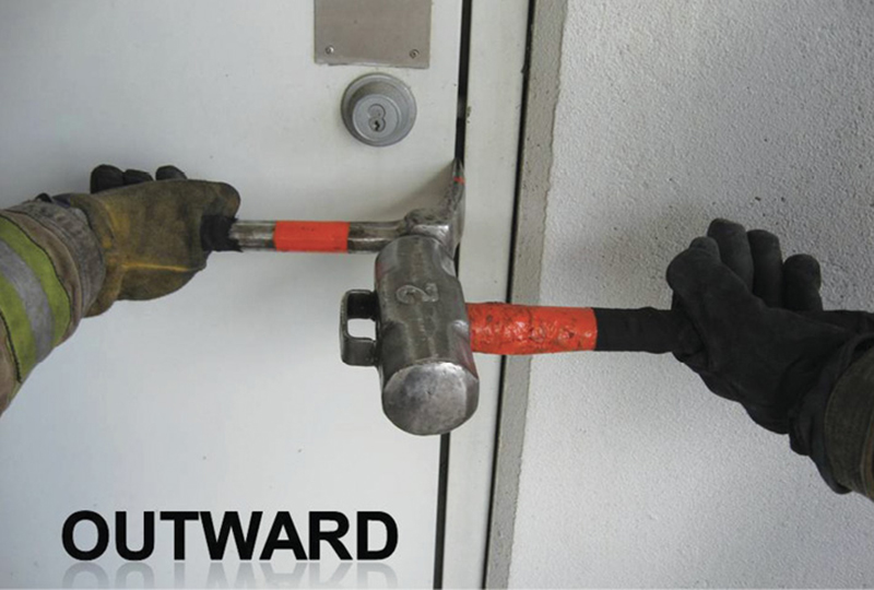 Forcing an outward-swinging door with an adz.