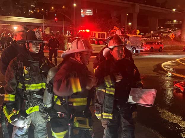 Firefighters at command post