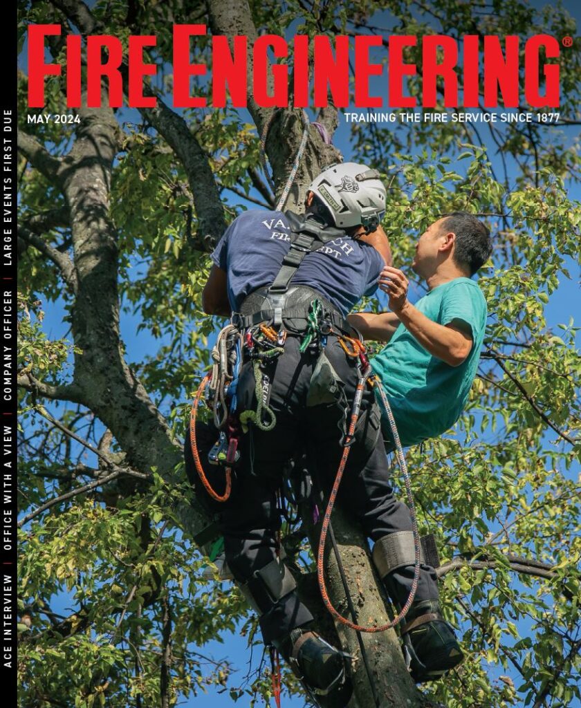 Firefighter rescuing a man from a tree