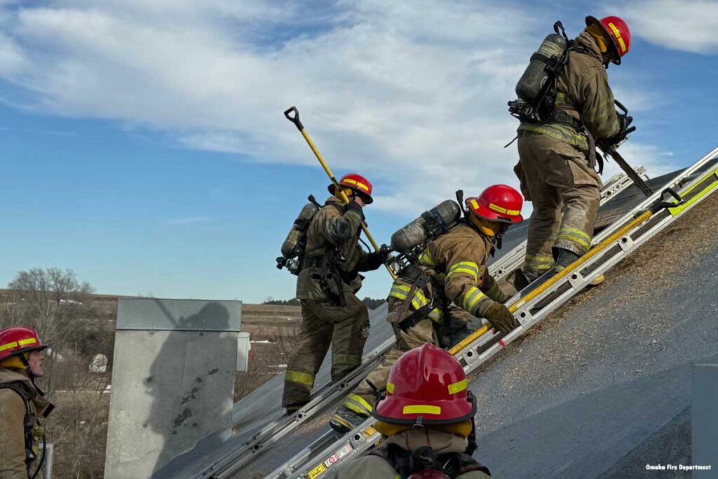 Omaha firefighters training on roof prop ventilation