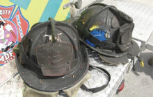 Burned firefighter helmets and PPE