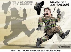 Firefighter runnings from his shadow