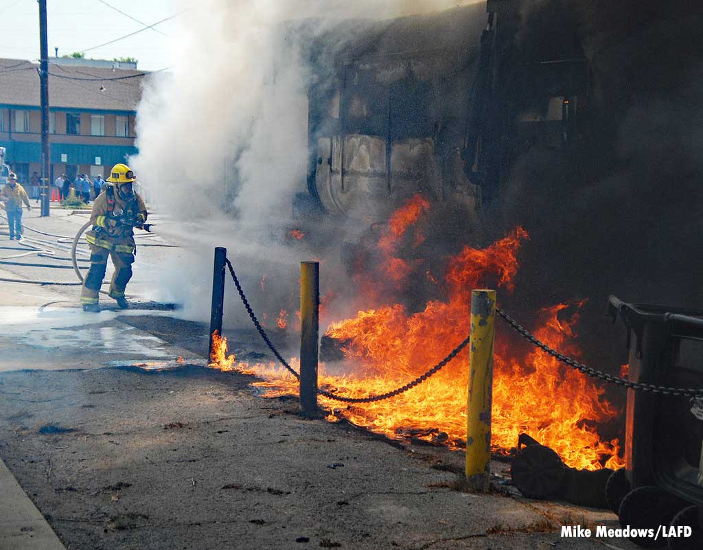 LAFD firefighter at trash truck fire