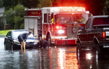 Fire truck amid flood waters