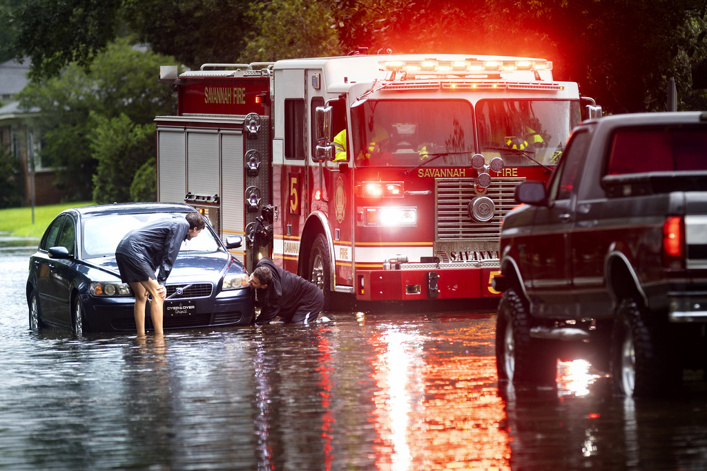 Fire truck amid flood waters