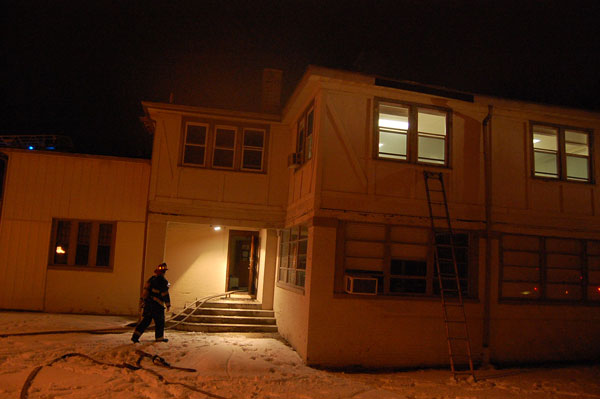 Firefighters respond to a fire in the Fisher Hall Building at Marian University in Indianapolis, Indiana. IFD Media.