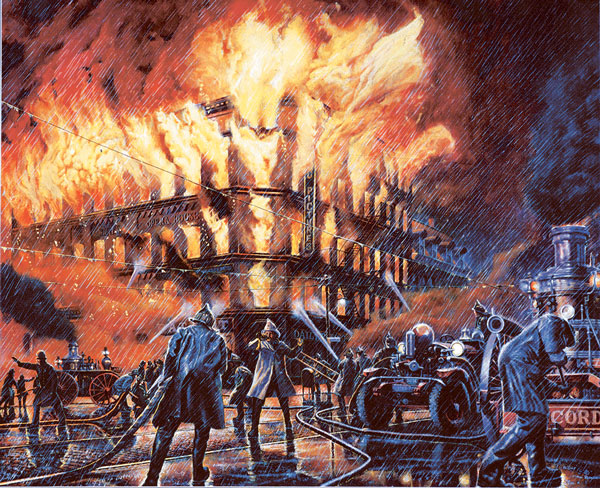 Mel Bolden, painting of the fire that destroyed White's Opera House in Concord, New Hampshire.