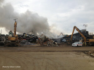 Firefighters respond to a fire at a scrap metal yard in Harrisburg, Pennsylvania.