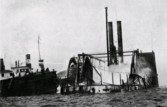 Originally published in Harper's June 24, 1904. Caption reads "A view of the General Slocum on fire off North Brother Island."