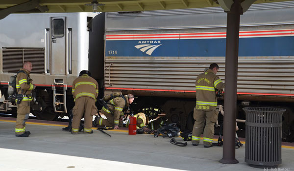 Firefighters at the scene of a train fire in Rocky Mount, North Carolina.