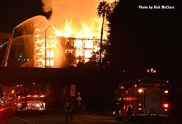 Structural Firefighting: A photo by Rick McClure of a massive downtown Los Angeles fire in 2014.