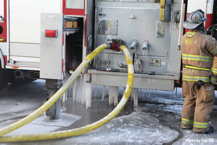 Ice on pump and fire hose