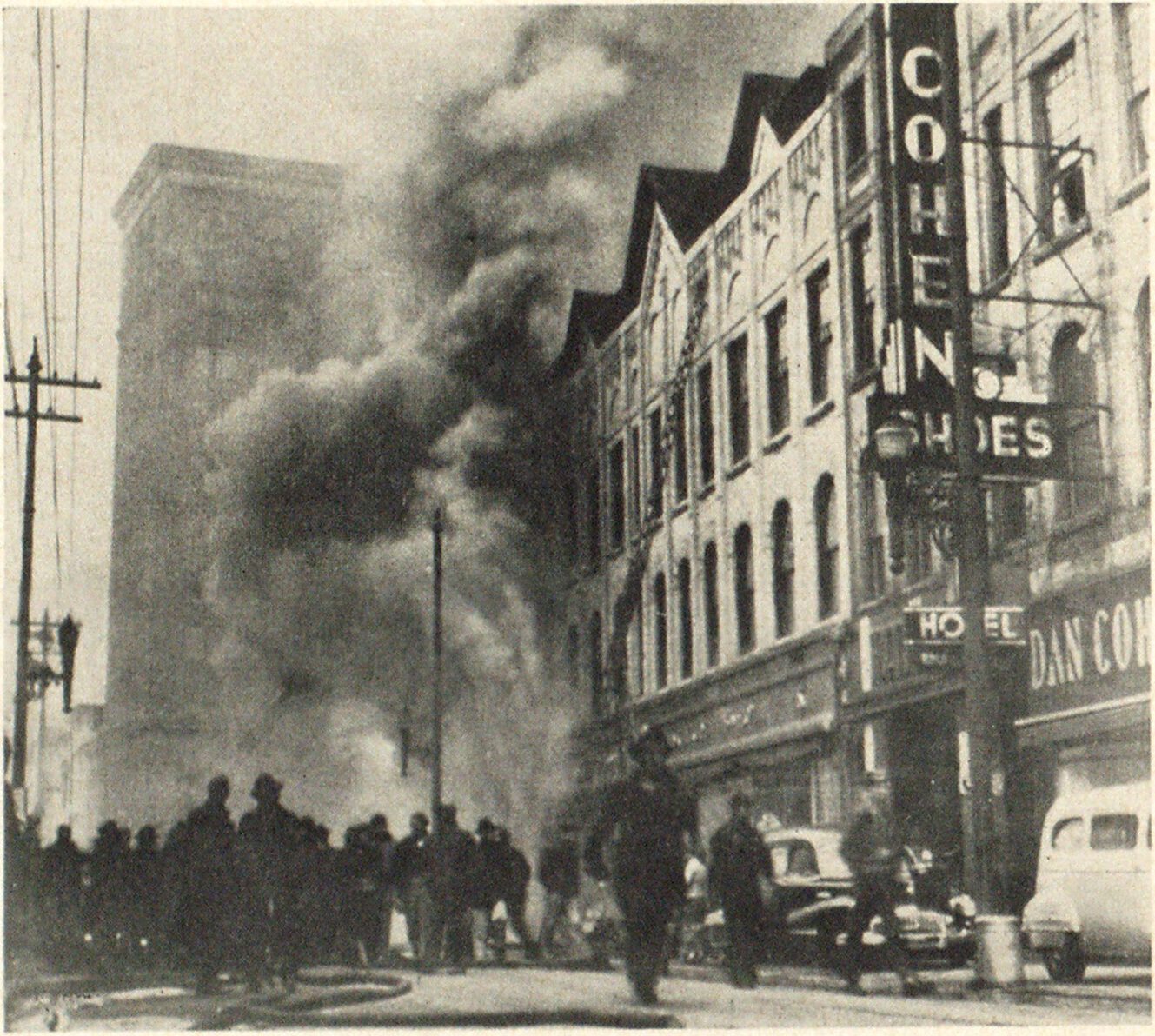 Seven Firemen Lost in Charleston Dime Store Fire A Woolworth store was gutted and a Kresge store badly damaged in early morning fire that claimed lives of seven Charleston, W. Va., firemen and injured 15 others. Picture shows fire before Woolworth store was fully involved.