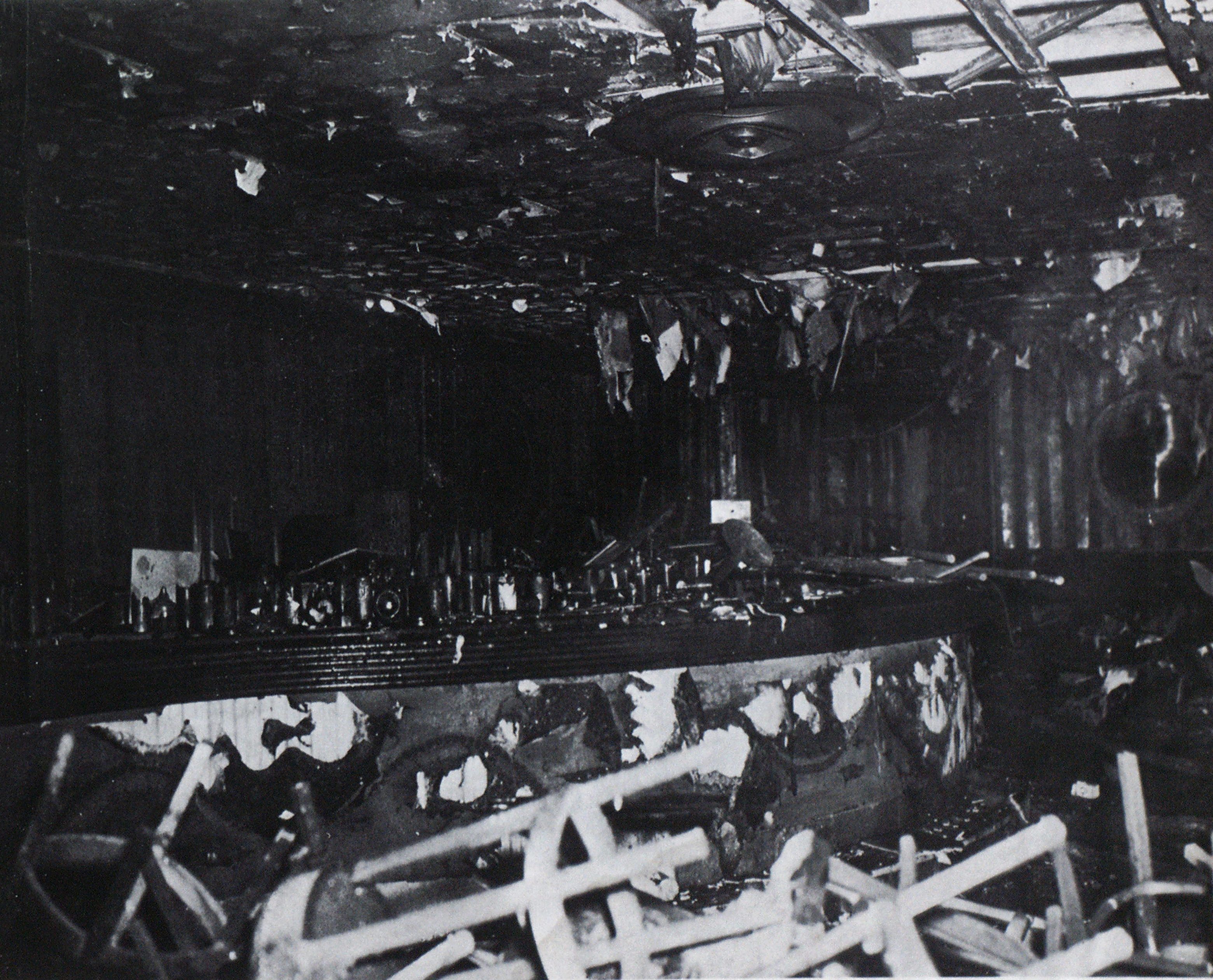 Cocoanut Grove lounge bar on Broadway side of Boston nightclub has only charred remnants of the lavish decorations that burned so quickly—and fatally.